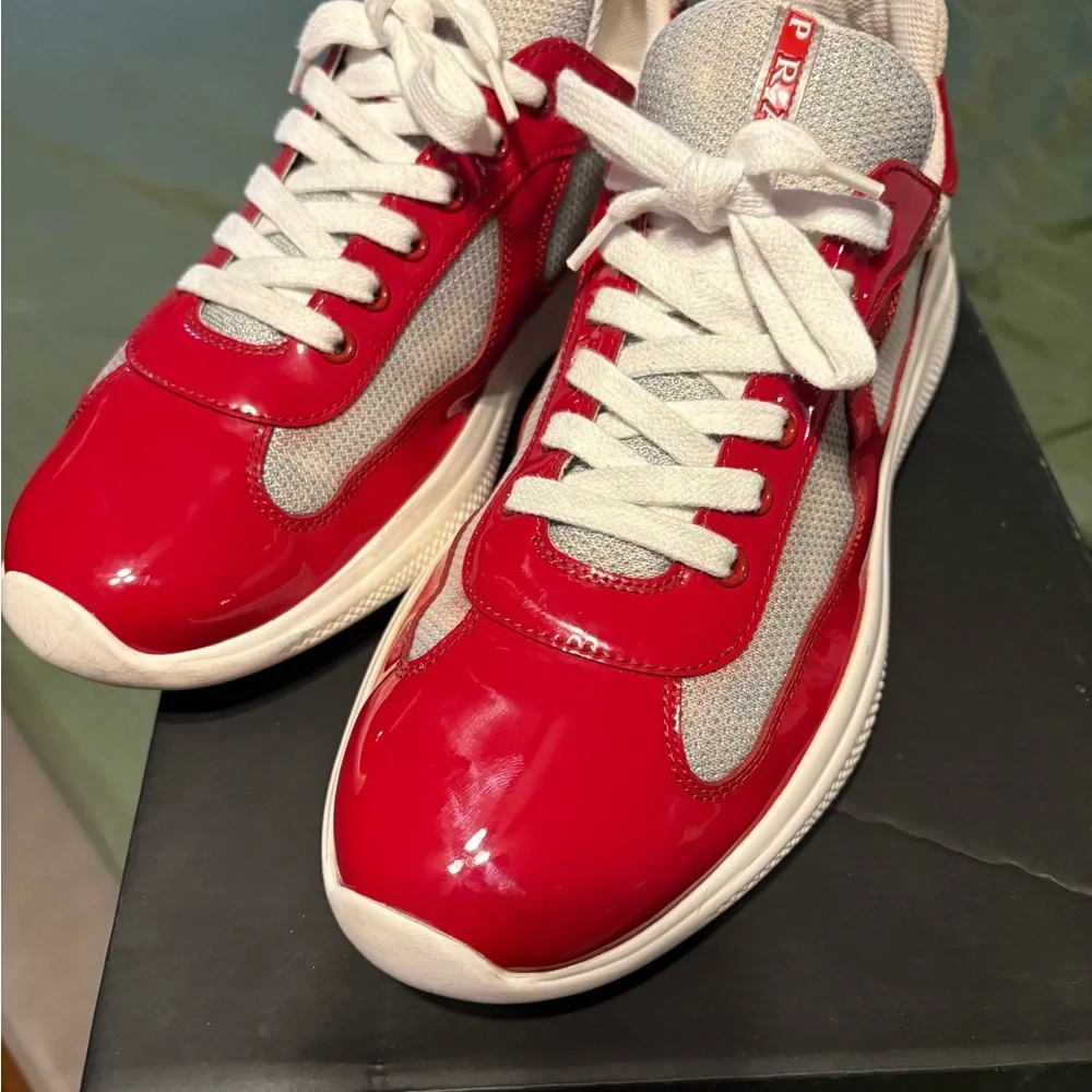 Prada Red and White Lace-Up Sneakers - Picture 2 of 5